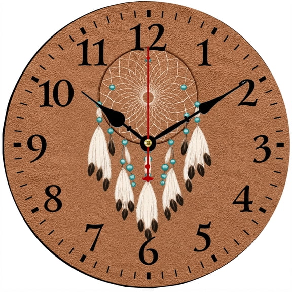CozyHour 9.84 Inch Dream Catcher Wall Clock, Rustic Brown Decorative Analog Clock with Large Numbers for Living Room, Bedroom, Office and Kitchen