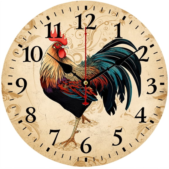 CozyHour 9.84 Inch Farmhouse Wall Clock, Rustic Rooster Decorative Round Clock for Kitchen Living Room Bedroom Dining Room Home Decor, Battery Operated Analog Wall Clock