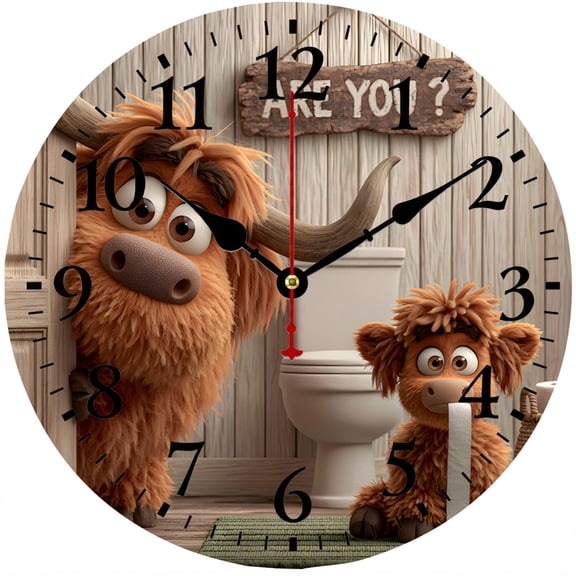 CozyHour 9.84 Inch Funny Highland Cow Bathroom Wall Clock, Rustic Farmhouse Analog Clock with Large Numbers for Restroom, Toilet and Home Decor