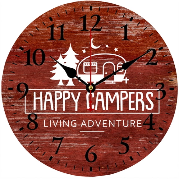 CozyHour 9.84 Inch Happy Campers Wall Clock, Rustic RV Camping Decor, Red Wood Look Analog Clock for Camper, Cabin, Living Room and Bedroom