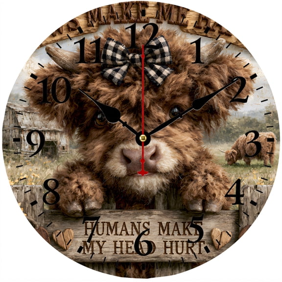 CozyHour 9.84 Inch Highland Cow Wall Clock, Funny Farmhouse Analog Clock with Large Numbers, Rustic Wall Decor for Kitchen Living Room Office