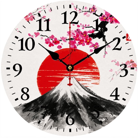 CozyHour 9.84 Inch Japanese Mountain Wall Clock, Sakura Blossom Sunset Round Decorative Clock, Large Easy Read Numbers Analog Clock for Living Room Bedroom Office Home Decor