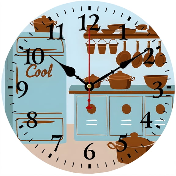 CozyHour 9.84 Inch Kitchen Wall Clock, Retro Blue Cooking Theme Analog Clock with Pots and Pans, Decorative Clock for Kitchen Dining Room