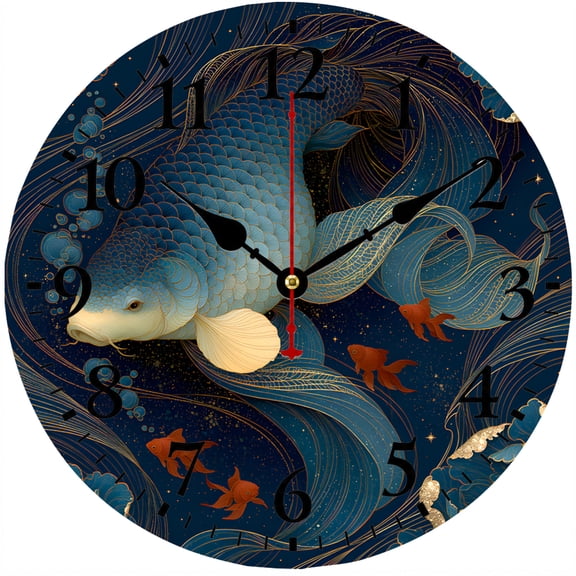 CozyHour 9.84 Inch Koi Fish Wall Clock, Blue Gold Japanese Ocean Wave Art Decorative Analog Clock for Living Room Bedroom Kitchen Office