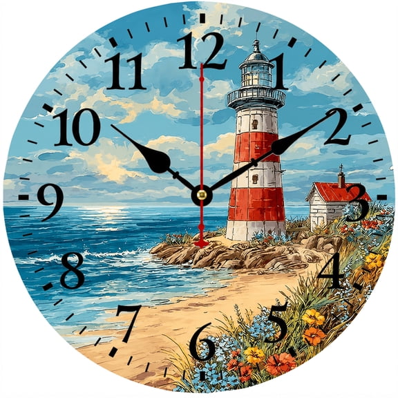 CozyHour 9.84 Inch Lighthouse Wall Clock, Coastal Beach Ocean Round Analog Clock with Large Numbers, Nautical Seaside Decor for Living Room Bedroom Kitchen
