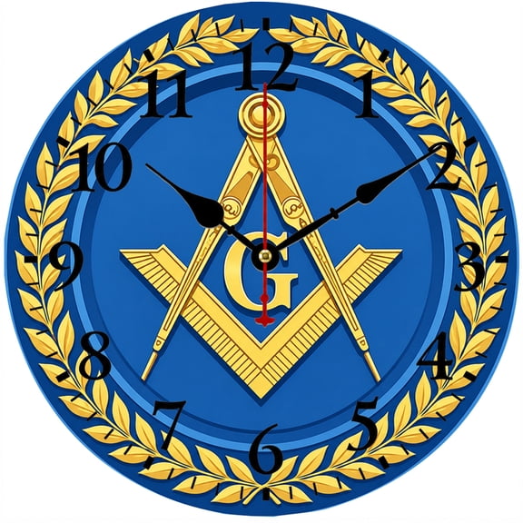 CozyHour 9.84 Inch Masonic Wall Clock, Blue and Gold Square and Compasses Freemason Decor, Analog Battery Operated Clock for Home Office Lodge Study