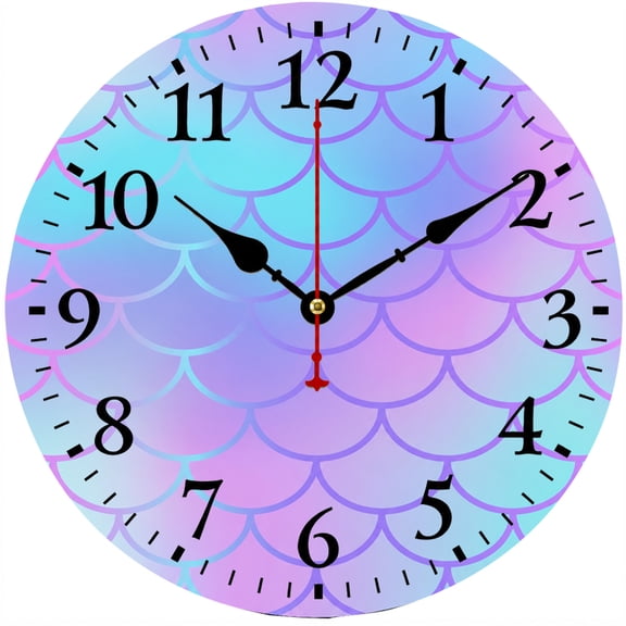 CozyHour 9.84 Inch Mermaid Scale Wall Clock, Pastel Blue Purple Analog Clock with Large Numbers for Bedroom, Bathroom, Office