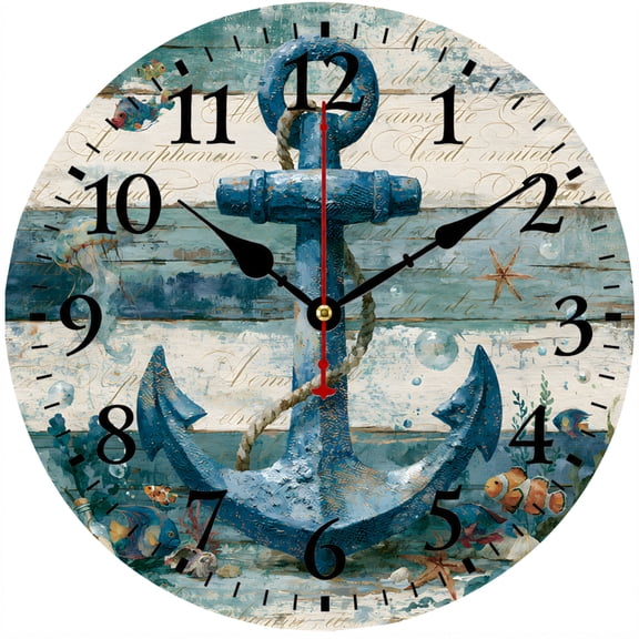 CozyHour 9.84 Inch Nautical Anchor Wall Clock, Coastal Ocean Fish Beach House Decor, Rustic Blue Analog Clock for Living Room, Kitchen or Bedroom