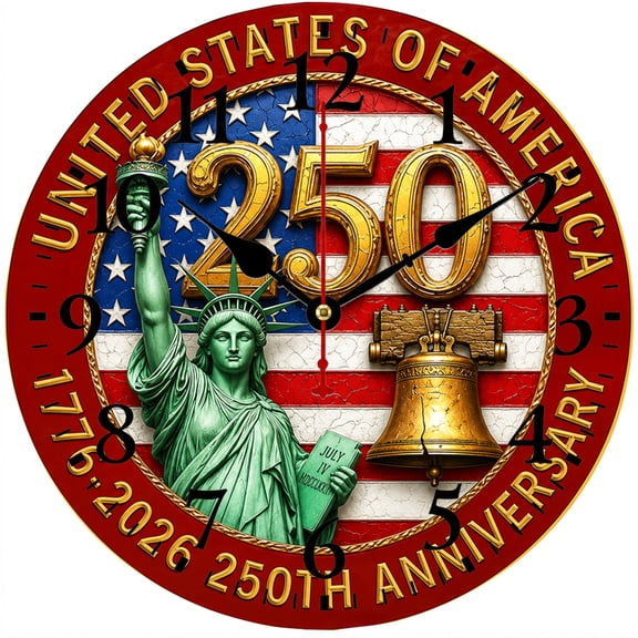 CozyHour 9.84 Inch Patriotic Wall Clock, USA 250th Anniversary Design with Statue of Liberty, Liberty Bell and American Flag, Analog Decorative Clock for Home Office