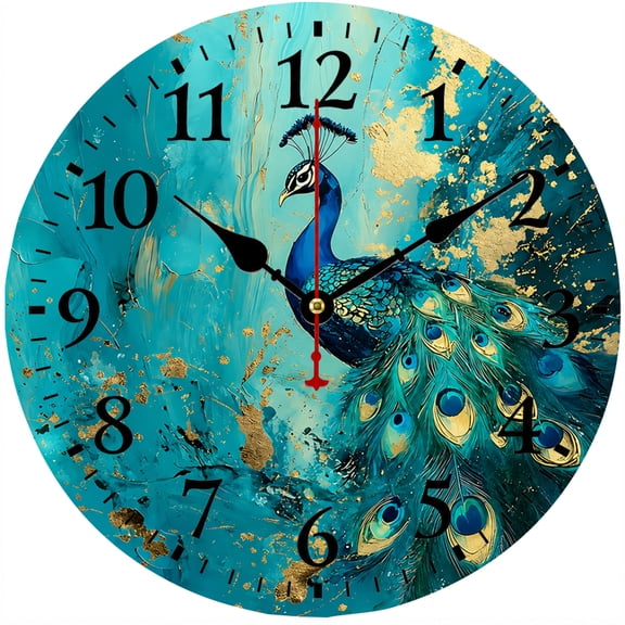 CozyHour 9.84 Inch Peacock Wall Clock, Turquoise Blue and Gold Decorative Round Analog Clock, Easy to Read Numbers for Living Room Bedroom Office