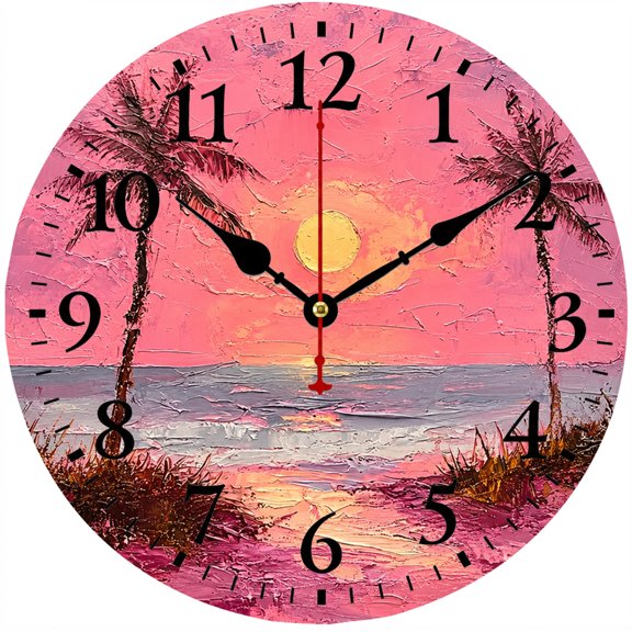 CozyHour 9.84 Inch Pink Tropical Sunset Wall Clock, Palm Tree Ocean Beach Analog Clock, Decorative Round Wall Clock for Bedroom Living Room Office