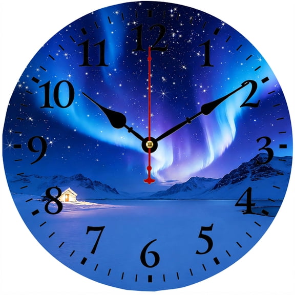CozyHour 9.84 Inch Round Wall Clock, Aurora Northern Lights Landscape Decorative Analog Clock, Battery Operated Home Decor Clock for Bedroom Living Room Office
