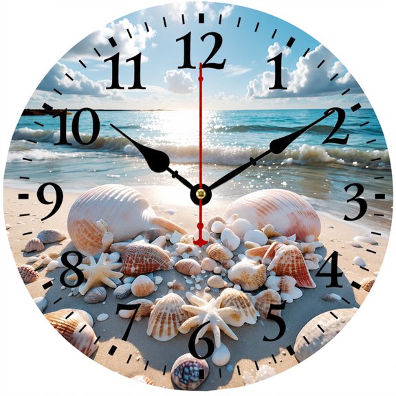 CozyHour 9.84 Inch Round Wall Clock, Coastal Beach Ocean Theme Decorative Clock with Seashell Design, Easy Read Numbers Battery Operated Analog Clock for Living Room Bedroom Bathroom Home Decor
