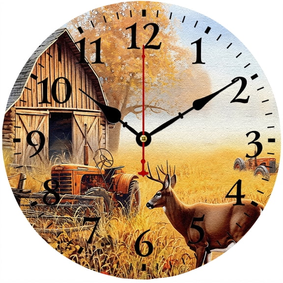 CozyHour 9.84 Inch Rustic Farmhouse Wall Clock, Country Barn Deer Tractor Decorative Clock, Large Easy Read Numbers Battery Operated Analog Clock for Kitchen Living Room Bedroom Home Decor
