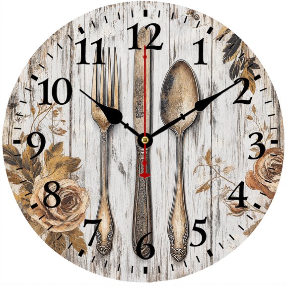 CozyHour 9.84 Inch Rustic Kitchen Wall Clock, Farmhouse Fork Spoon Knife Floral Analog Clock, Easy Read Wall Decor for Dining Room