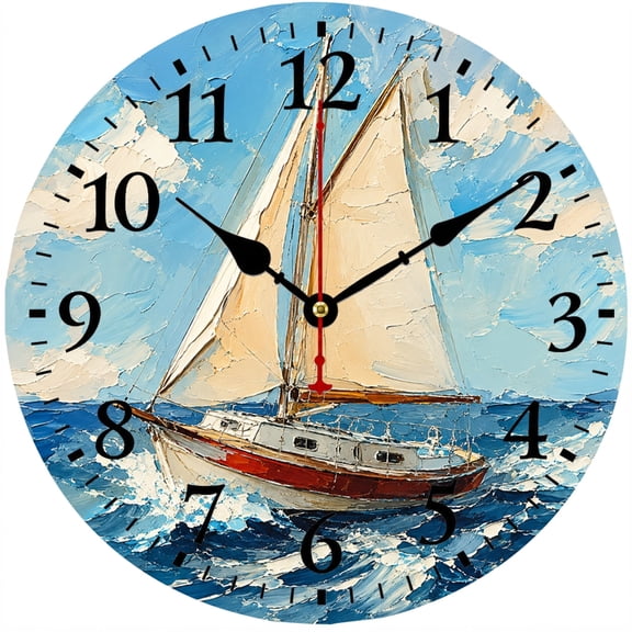 CozyHour 9.84 Inch Sailboat Wall Clock, Coastal Nautical Ocean Wall Decor, Round Analog Clock for Living Room Bedroom Kitchen Office Beach House