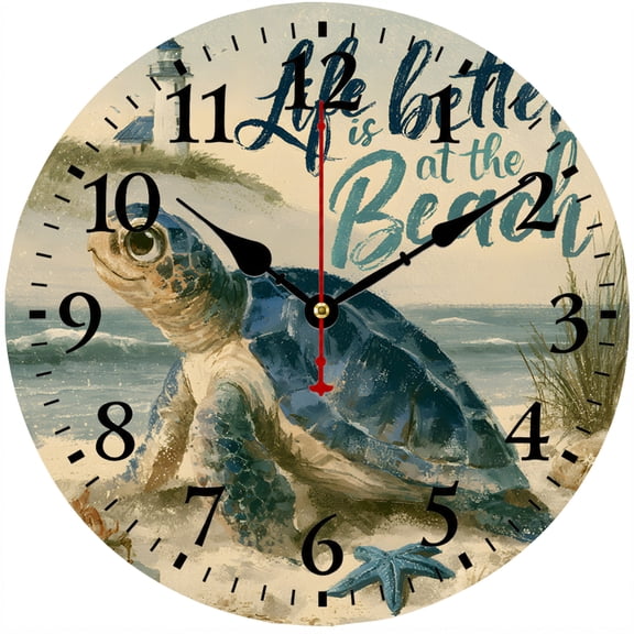 CozyHour 9.84-Inch Sea Turtle Wall Clock, Coastal Beach Analog Clock with Large Numbers, Nautical Ocean Decor for Living Room, Bedroom, Kitchen