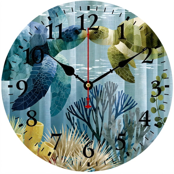 CozyHour 9.84-Inch Sea Turtle Wall Clock, Coastal Ocean Art Round Clock, Easy-to-Read Numbers, Battery Operated Home Decor