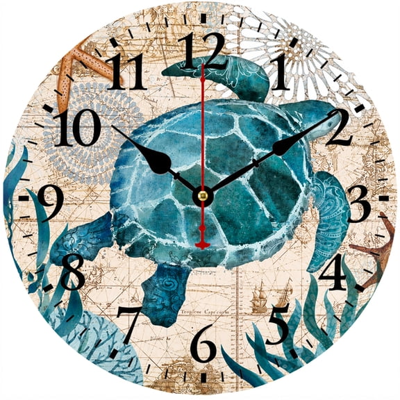 CozyHour 9.84 Inch Sea Turtle Wall Clock, Ocean Nautical Decor Clock with Vintage Map Design, Coastal Farmhouse Round Analog Clock for Living Room Bedroom Office Bathroom Home Decoration