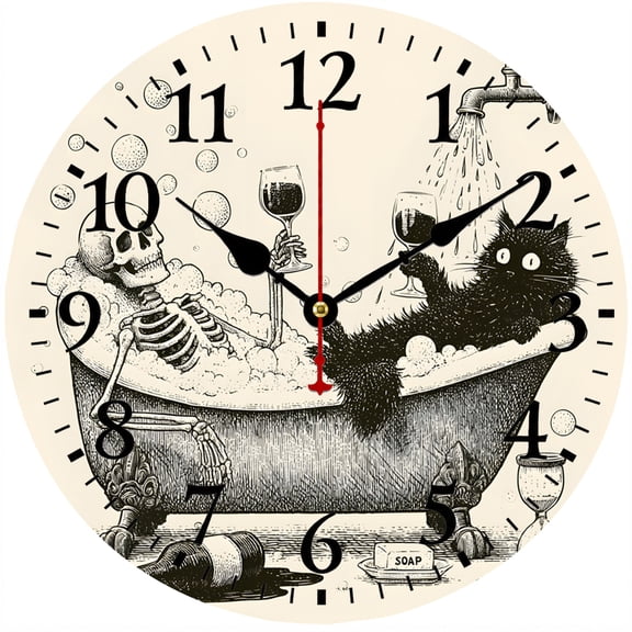 CozyHour 9.84 Inch Skeleton and Black Cat Wall Clock, Gothic Bathtub Bathroom Decor, Vintage Funny Analog Clock for Living Room Bedroom
