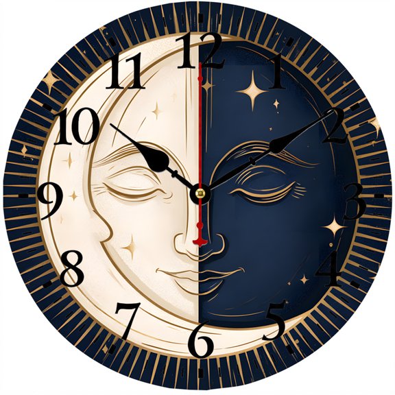 CozyHour 9.84 Inch Sun Moon Wall Clock, Silent Non Ticking Celestial Navy Gold Analog Clock, Battery Operated Decor for Bedroom Living Room Office