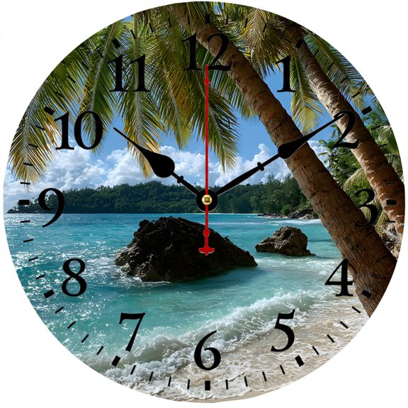 CozyHour 9.84 Inch Tropical Beach Wall Clock, Palm Tree Ocean Coastal Decorative Analog Clock, Easy to Read Battery Operated Clock for Living Room Bedroom Kitchen Office