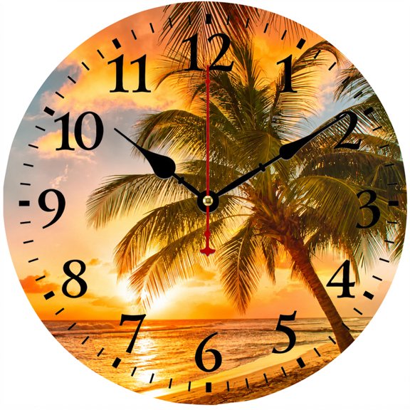 CozyHour 9.84 Inch Tropical Beach Wall Clock, Round Decorative Clock with Palm Tree Sunset Design, Easy Read Analog Clock for Living Room Bedroom Kitchen Office Home Decor