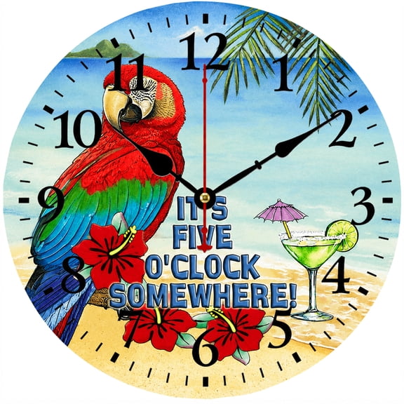 CozyHour 9.84 Inch Tropical Parrot Wall Clock, Beach Margarita Five O'Clock Somewhere Decorative Analog Clock for Kitchen, Bar, Living Room and Coastal Home Decor