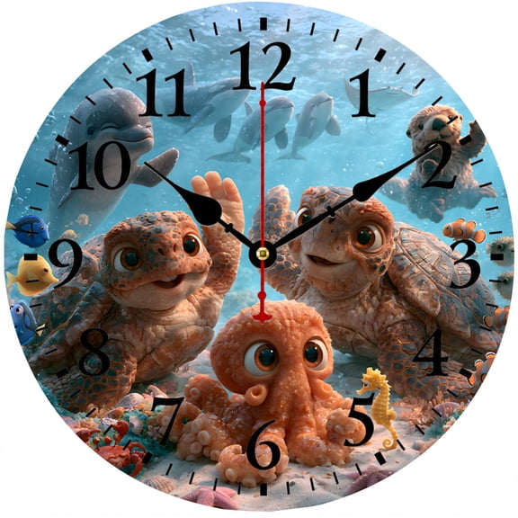 CozyHour 9.84 Inch Underwater Animal Wall Clock, Cute Sea Turtle Octopus Dolphin Round Analog Clock for Kids Bedroom Nursery Bathroom Decor