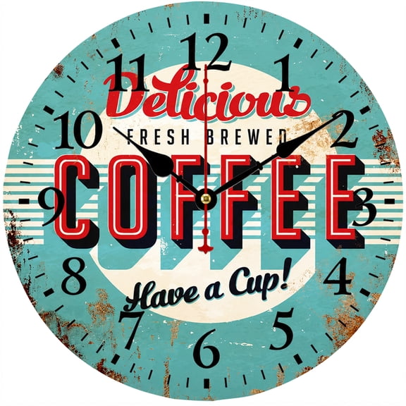 CozyHour 9.84 Inch Vintage Coffee Wall Clock, Retro Round Kitchen Clock with Large Numbers, Farmhouse Wall Decor for Home, Cafe, Dining Room and Coffee Bar