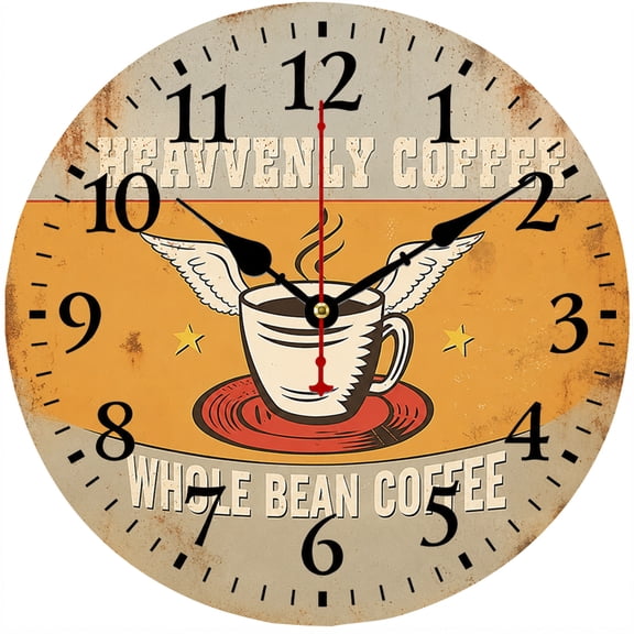 CozyHour 9.84 Inch Vintage Coffee Wall Clock, Rustic Farmhouse Kitchen Decor Clock with Coffee Cup Design, Round Analog Wall Clock for Home, Cafe, Dining Room and Office