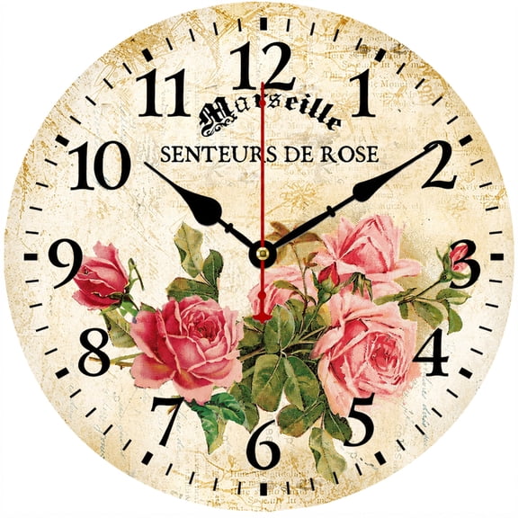 CozyHour 9.84 Inch Vintage Rose Flower Wall Clock, Round Decorative Analog Clock with Large Numbers, French Country Farmhouse Style Clock for Living Room Bedroom Kitchen Home Decor