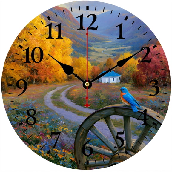 CozyHour Autumn Landscape Wall Clock 9.84 Inch, Rustic Mountain Bluebird Wagon Wheel Decor, Battery Operated Analog Clock for Home Office