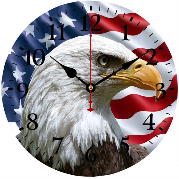 CozyHour Bald Eagle American Flag Wall Clock, 9.84 Inch Patriotic Round Analog Clock, Battery Operated Wall Decor for Living Room Bedroom Office