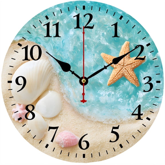 CozyHour Beach Wall Clock 9.84 Inch, Coastal Seashell Starfish Round Analog Clock, Battery Operated Ocean Decor for Bathroom Bedroom Kitchen