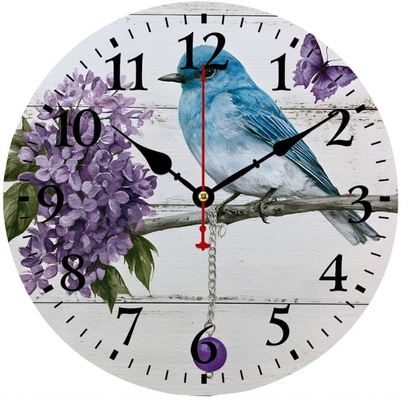 CozyHour Blue Bird Wall Clock 9.84 Inch, Floral Lilac Butterfly Pendulum Clock, Rustic Farmhouse Battery Operated Decor for Kitchen Bedroom Office