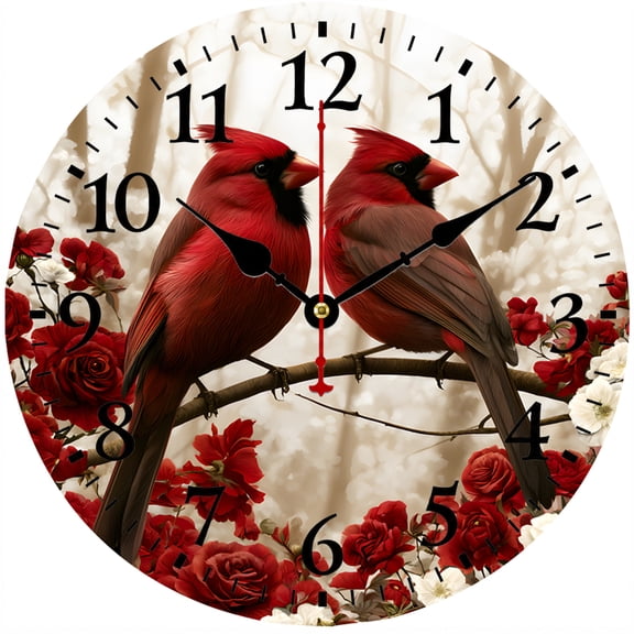 CozyHour Cardinal Bird Wall Clock, 9.84 Inch Red Rose Floral Round Analog Clock, Battery Operated Decor for Living Room Bedroom Kitchen