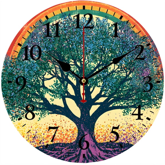 CozyHour Tree of Life Wall Clock 9.84 Inch, Colorful Rainbow Nature Wall Decor, Battery Operated Analog Clock for Living Room Bedroom Office