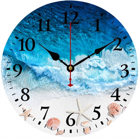 CozyHour Coastal Wall Clock 9.84 Inch Round Ocean Wave Clock, Beach Sea Theme Decorative Clock for Living Room Bedroom Bathroom Kitchen Home Decor