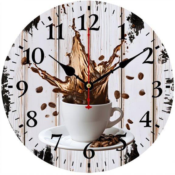 CozyHour Coffee Wall Clock 9.84 Inch, Battery Operated Analog Decorative Clock, Rustic Coffee Cup Kitchen Decor for Cafe Dining Room Office