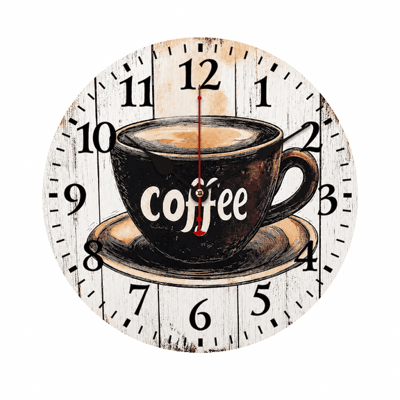 CozyHour Coffee Wall Clock 9.84 Inch, Rustic Kitchen Wall Clock Battery Operated, Silent Non-Ticking Decorative Analog Clock with Easy to Read Numbers for Kitchen, Cafe, Dining Room, Coffee Bar Decor