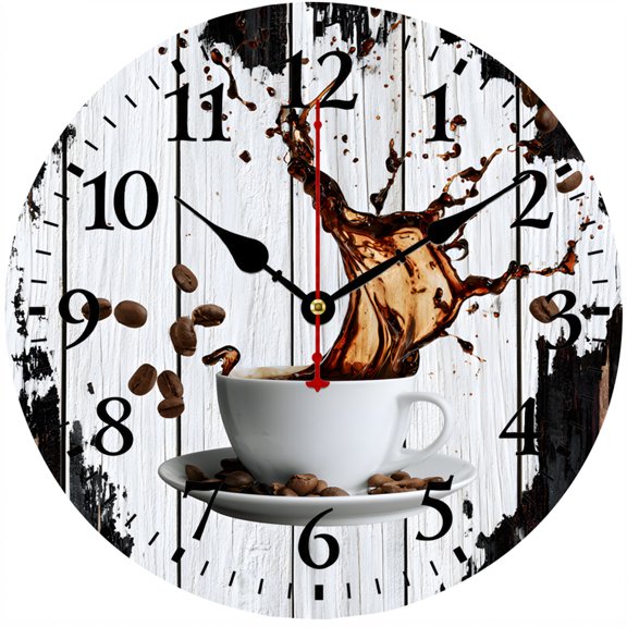 CozyHour Coffee Wall Clock 9.84 Inch, Silent Non-Ticking Battery Operated Kitchen Clock, Rustic Coffee Cup Decor for Coffee Bar Cafe Living Room Office