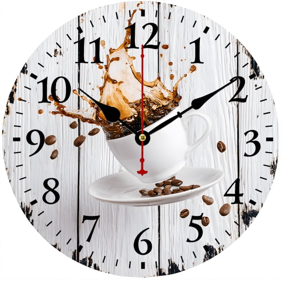 CozyHour Coffee Wall Clock 9.84 Inch, Silent Non Ticking Battery Operated Kitchen Clock, Rustic Coffee Cup Wall Decor for Home Cafe