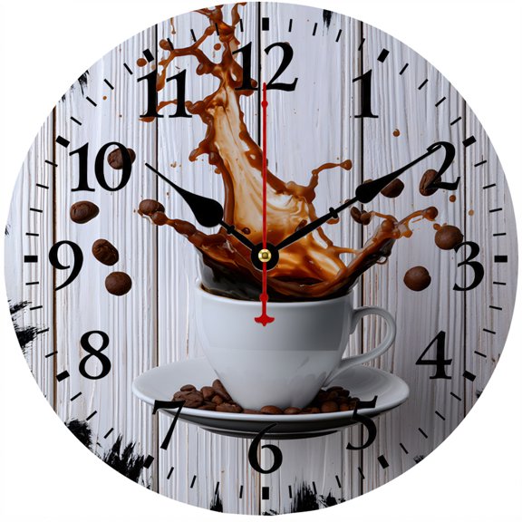 CozyHour Coffee Wall Clock 9.84 Inch, Silent Non Ticking Battery Operated Round Analog Clock for Kitchen Cafe Dining Room Decor