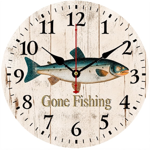 CozyHour Fishing Wall Clock, 9.84 Inch Rustic Fish Analog Clock with Large Numbers, Gone Fishing Wall Decor for Cabin, Lake House, Living Room, Bedroom and Office