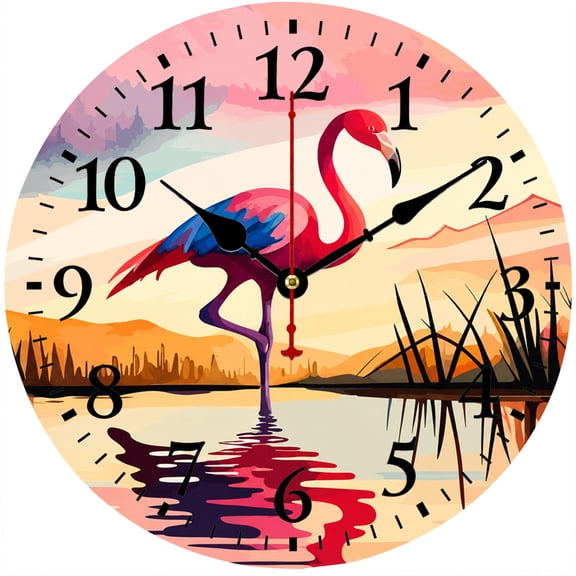 CozyHour Flamingo Wall Clock 9.84 Inch Round Decorative Clock, Pink Bird Lake Landscape Art Wall Clock for Living Room Bedroom Kitchen Office Farmhouse Home Decor, Battery Operated