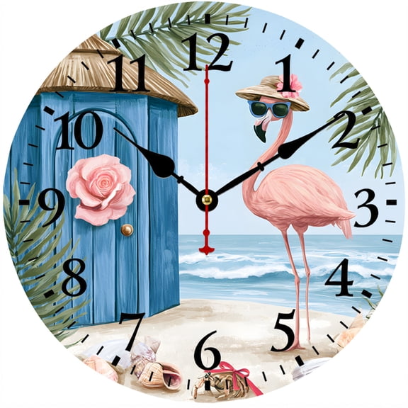 CozyHour Flamingo Wall Clock 9.84 Inch, Silent Non-Ticking Battery Operated Tropical Beach Analog Clock for Bathroom Kitchen Bedroom Decor