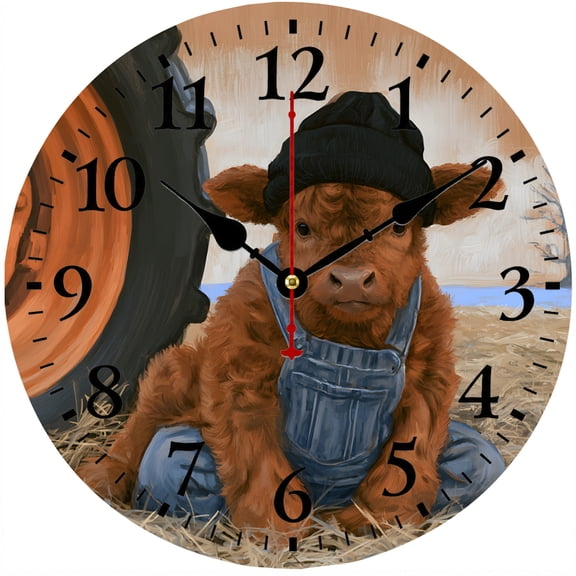 CozyHour Highland Cow Wall Clock 9.84 Inch, Cute Farmhouse Calf Analog Clock, Battery Operated Rustic Decor for Kitchen Bedroom Office