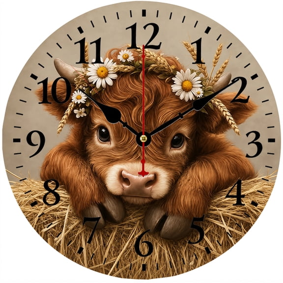CozyHour Highland Cow Wall Clock, 9.84 Inch Round Farmhouse Rustic Cow Clock with Floral Wheat Design, Easy to Read Numbers for Kitchen Living Room Bedroom Office Decor