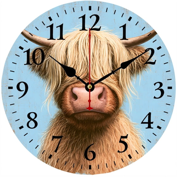 CozyHour Highland Cow Wall Clock 9.84 Inch, Rustic Farmhouse Battery Operated Analog Clock for Kitchen Bedroom Living Room Office